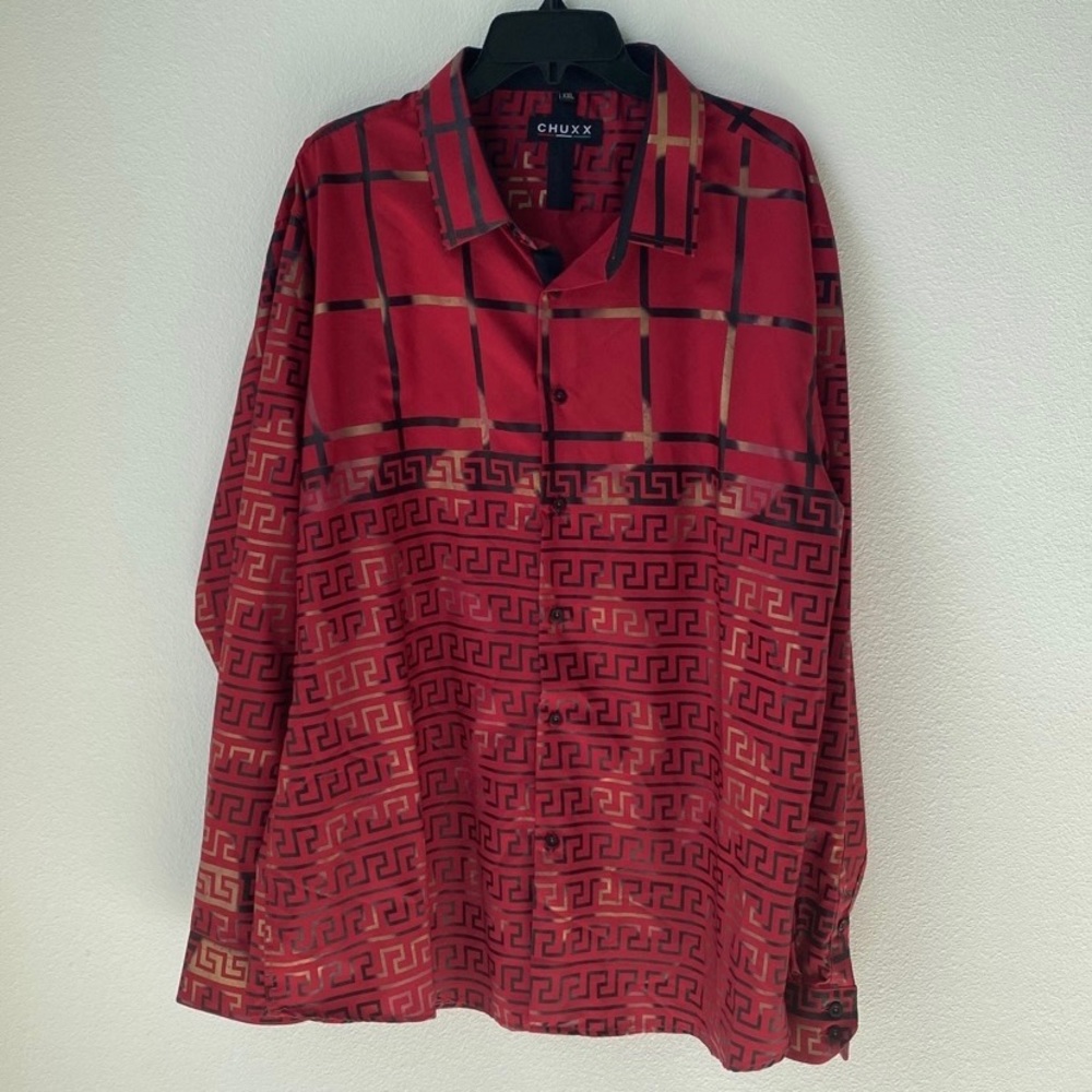 CHUXX Men’s Red Button Down with Black & Gold Ancient Greek Key Pattern Size XXL